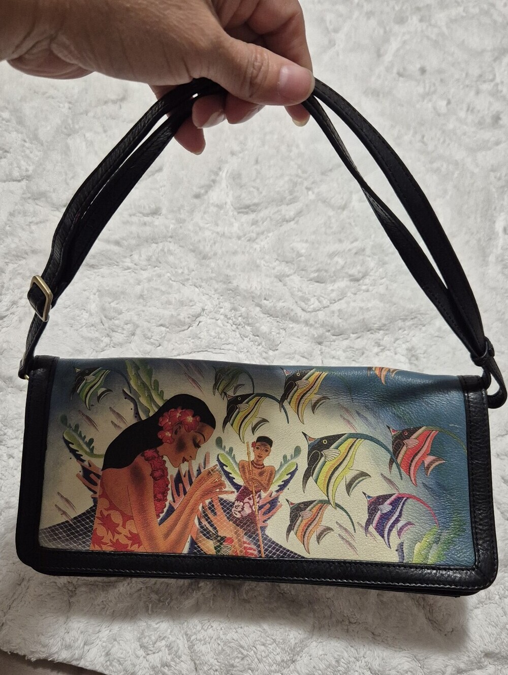 Jcon-los Angeles Black Shoulder Bag Hawaiian Art-hand Painted..